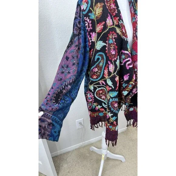 Soft Surroundings Sweater Boho Embroidered Open Fringe Kimono Cardigan SZ: Large - Picture 4 of 7
